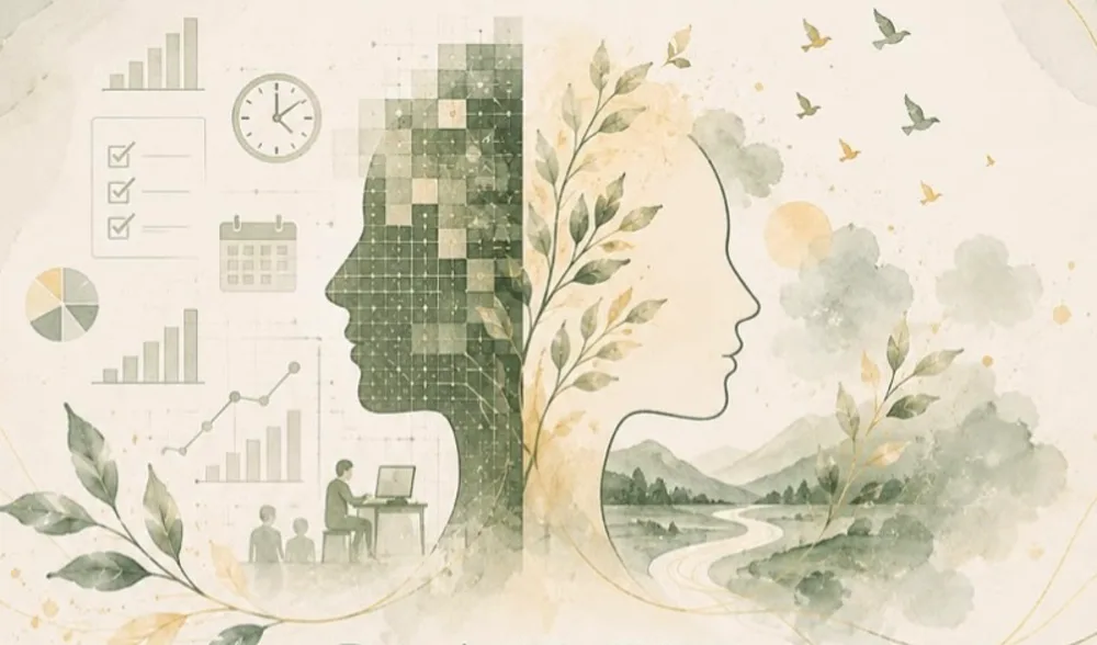 Ilustração do evento: de um lado uma cabeça feita de gráficos, planilhas e relógios; do outro, a mesma cabeça aberta para folhas, pássaros e uma paisagem