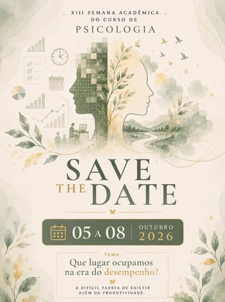 Cartaz oficial da XIII Semana Acadêmica de Psicologia: save the date, 05 a 08 de outubro de 2026, tema Que lugar ocupamos na era do desempenho